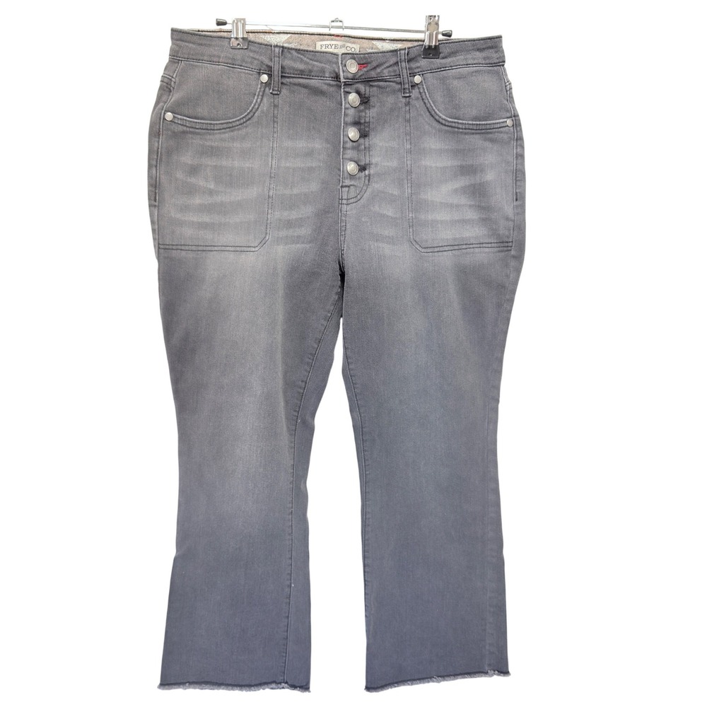 Frye and Co Womens High Rise Button Fly Cropped Flare Jeans Grey Raw Hem Size 14